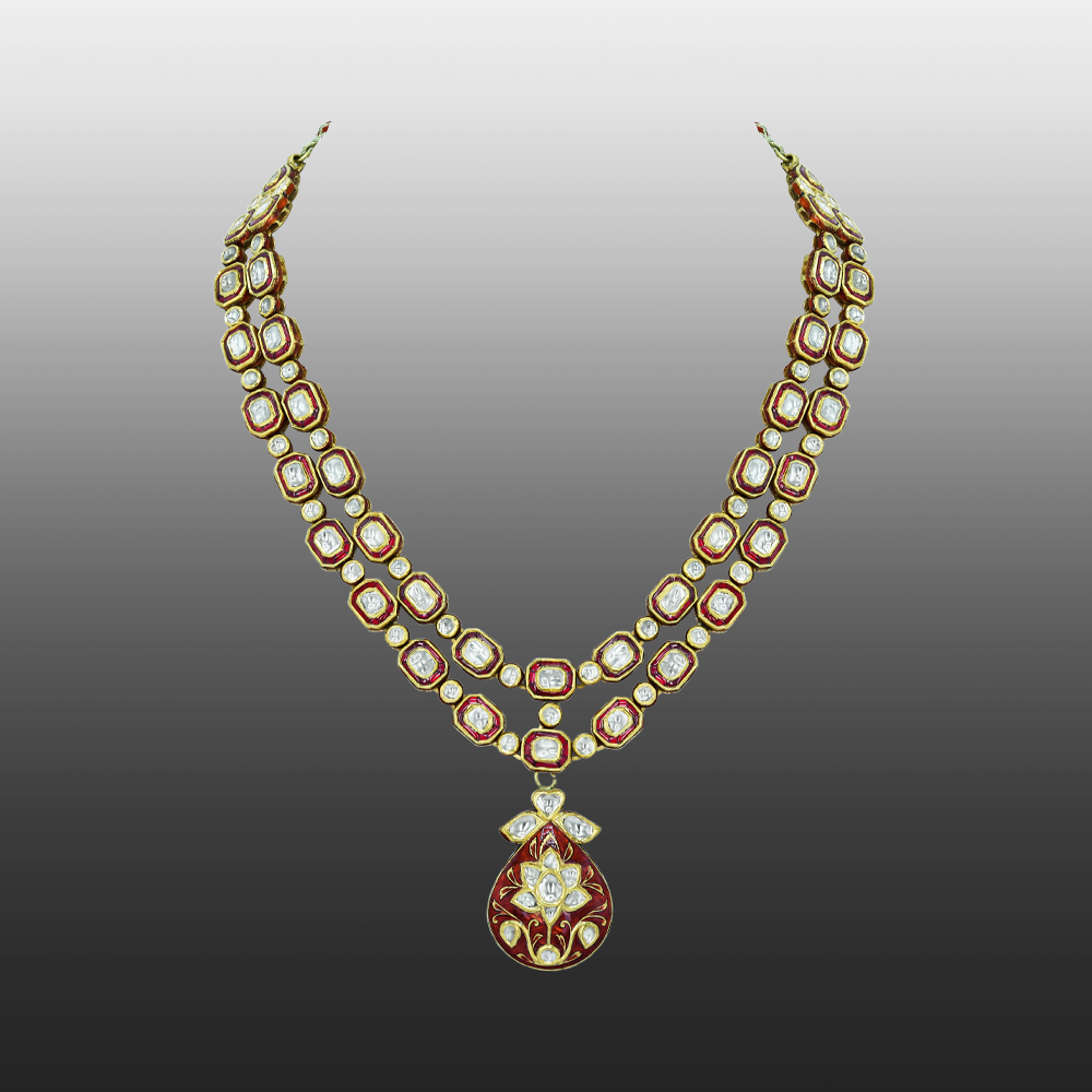 Double-Layer Polki Necklace with Red Enamel and Floral Pendant